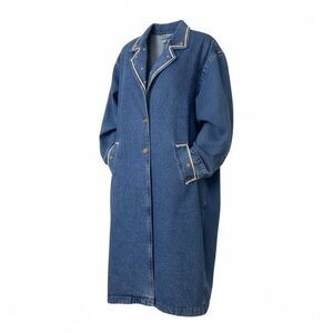 Facade Vintage Denim Duster Jacket Gimp Braid Trim Gold Stars Buttons Medium